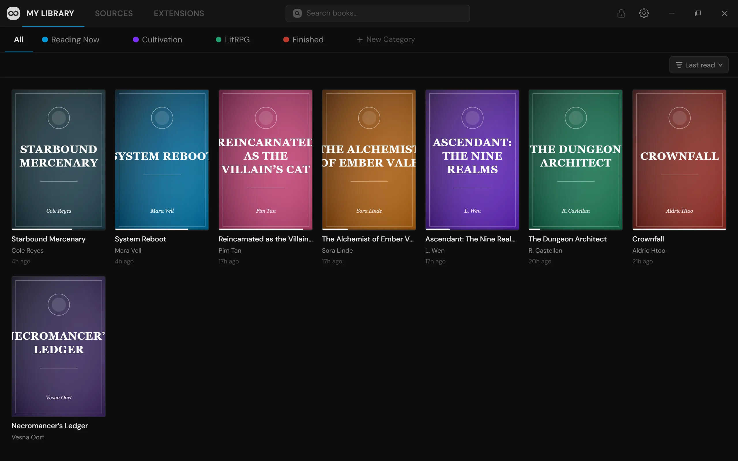 Jormun Reader library — a grid of webnovel covers