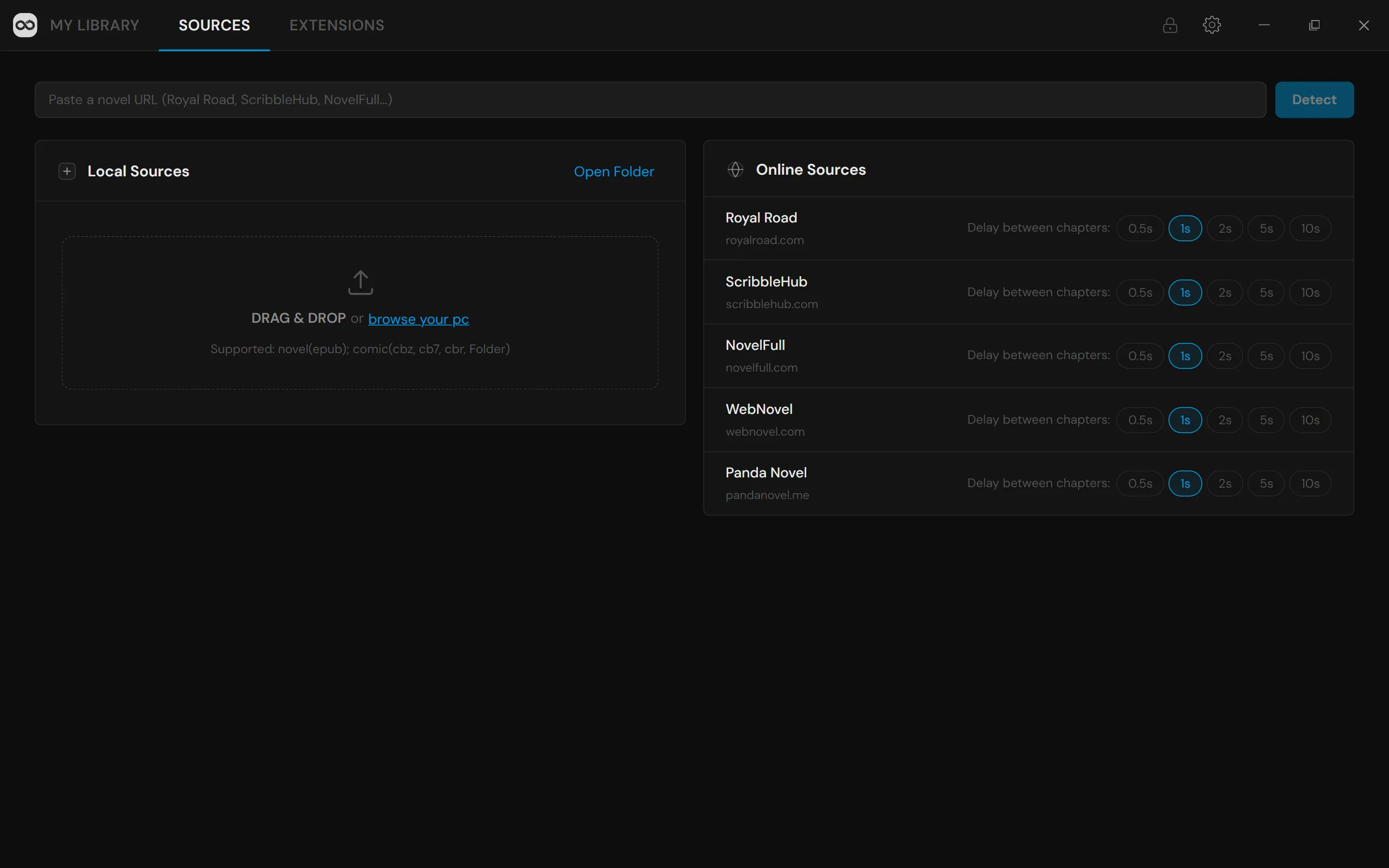 Sources screen — add books from the web or local files